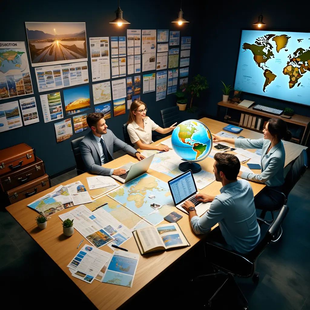 Travel planning team collaborating on client projects